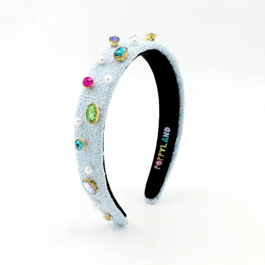 Light Blue Tweed Bejeweled Headband